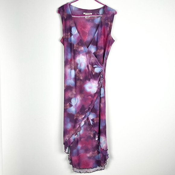 Y2K/90’s Vintage Zokai Floral Mesh Lettuce Trim Surplice Dress - Picture 1 of 6
